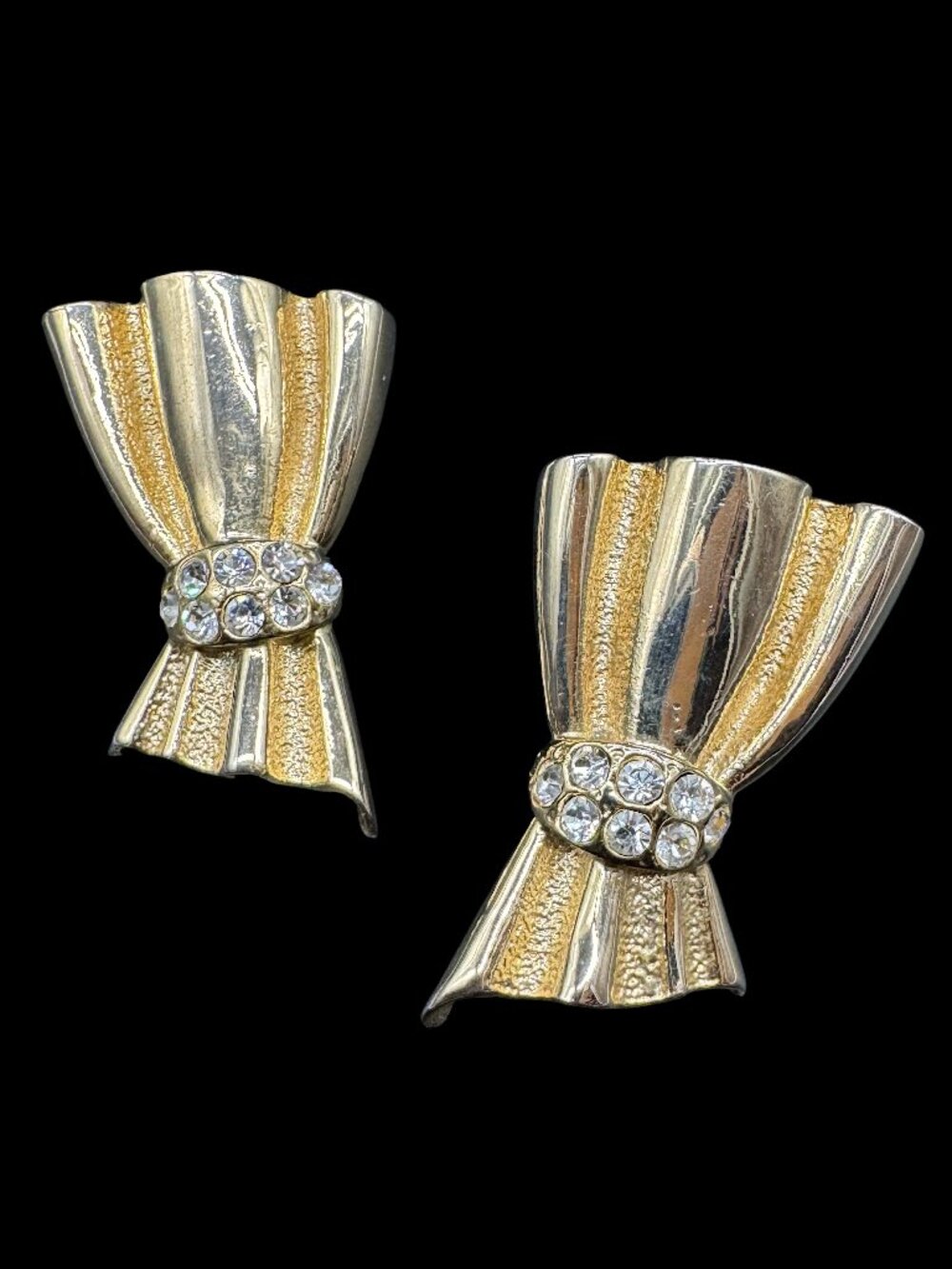 Vintage Gold Tone Pierced Earrings Bow Ribbon Clear Rhinestones Costume Jewelry